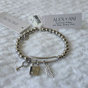Alex and Ani Silver Charm Bracelet with Key and Feather